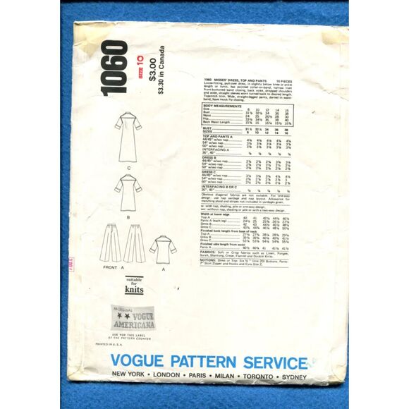 70's Vogue 1060 Anne Klein Tunic Style Shirt Rolled Cuffs Wide Leg Pants Size 10 - Picture 2 of 2